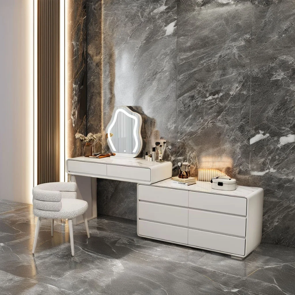 Cream Vanity Desk with Glass-Top Organizer & LED Mirror