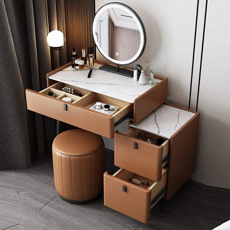 Modern Wooden Vanity Desk with Large Drawer Cabinet & Round Mirror