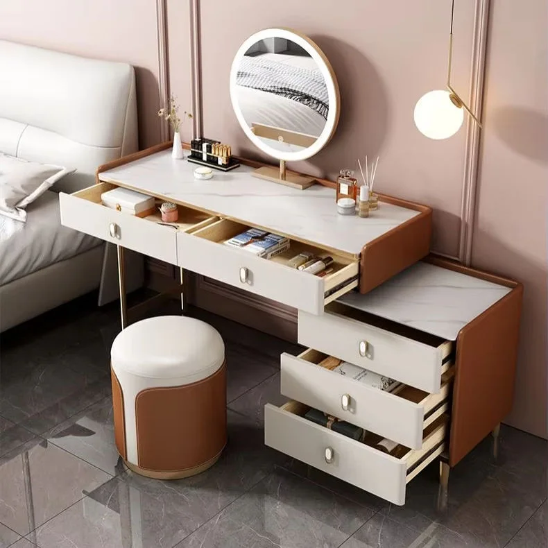Modern Rubberwood Vanity Set with Round Mirror, Cabinet & Stool