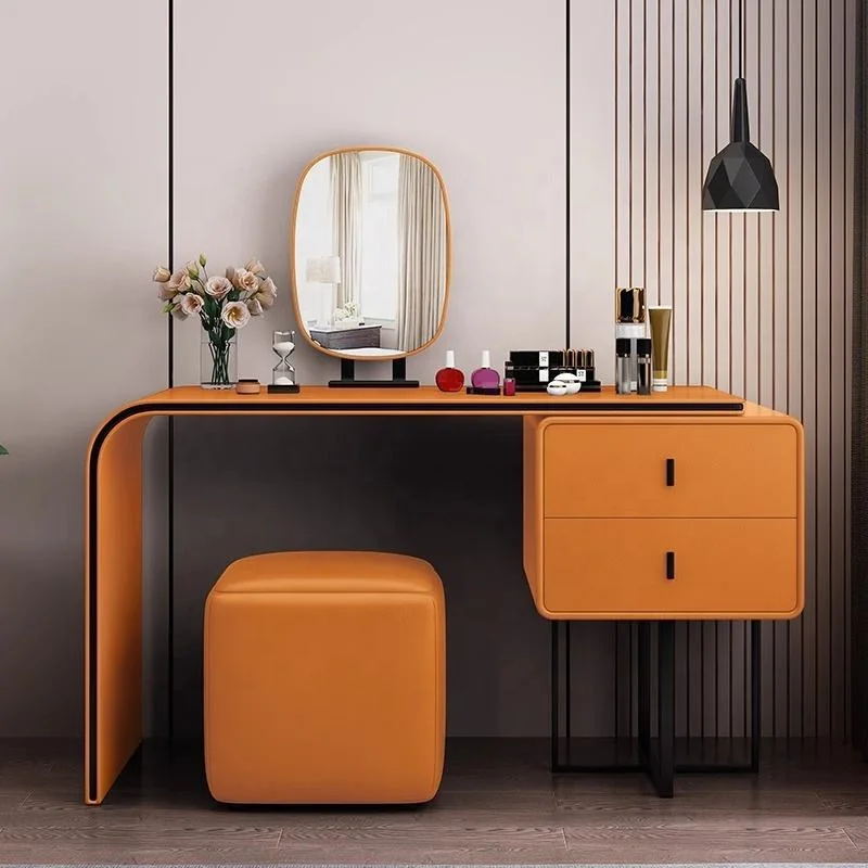 Light-Luxury Wooden Vanity Desk with Glass Mirror & Storage Drawers