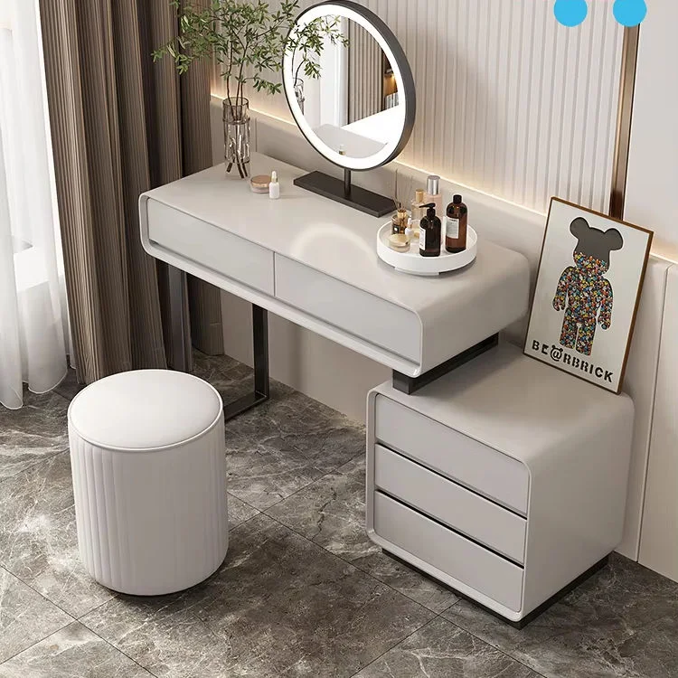 Minimalist Bedroom Vanity with Drawer Organizer & Round Mirror