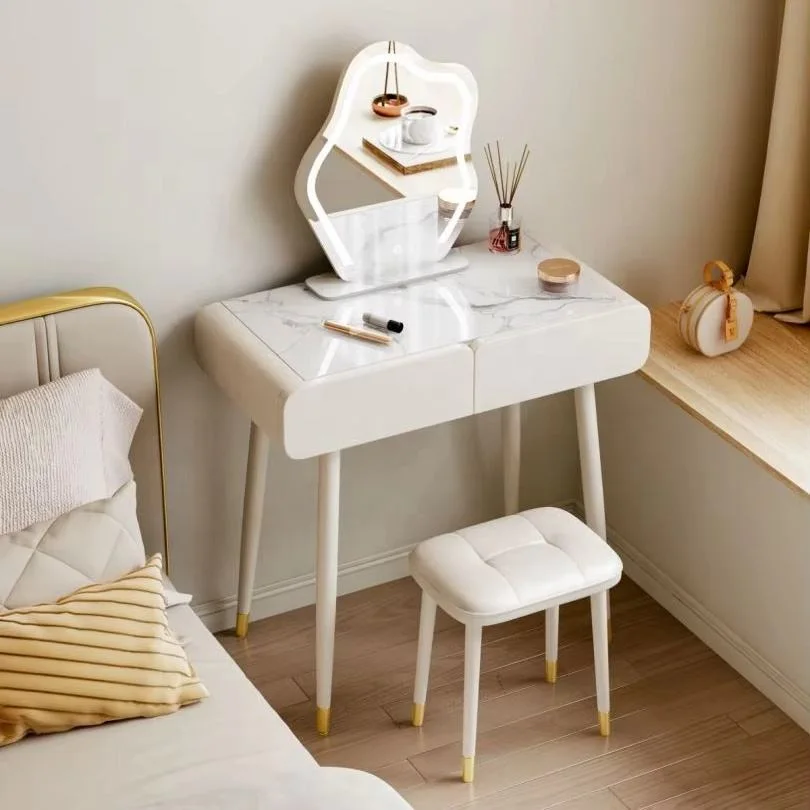 Compact Cream Vanity Set with Organic Mirror & Stool