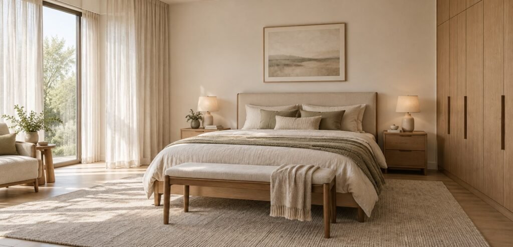 Hotel guestroom with upholstered bed, nightstands and bench