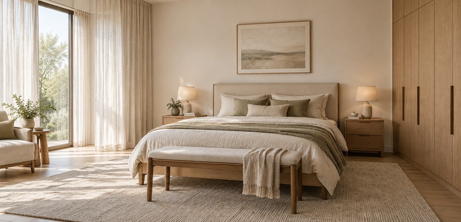 Calm bedroom with a coordinated upholstered bed, wood bedside tables and fitted storage