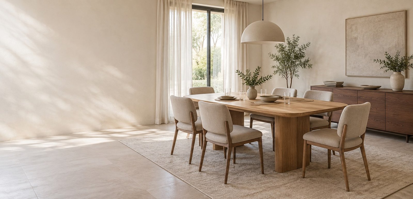 Warm dining room with a custom wood dining table, upholstered chairs and matching sideboard