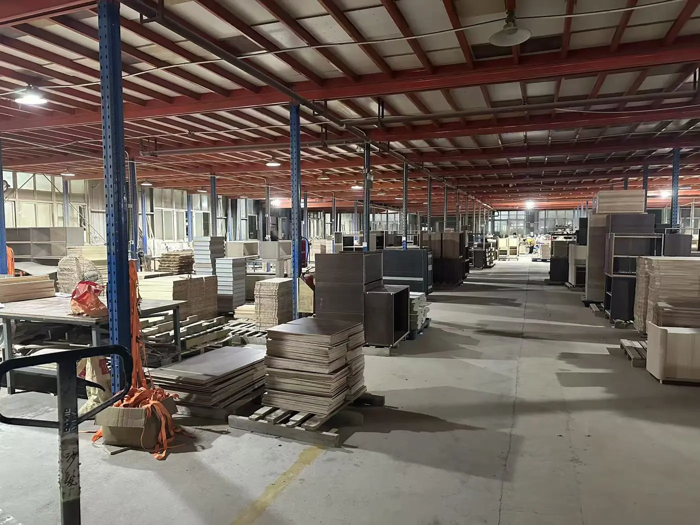Furniture production floor with organized workstations