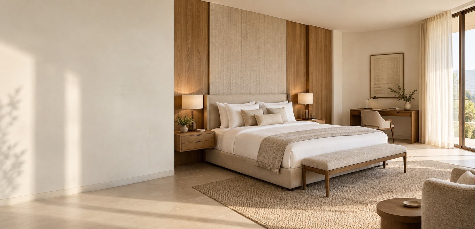 Warm hotel guestroom with an upholstered bed, wood bedside tables, writing desk and bed-end bench