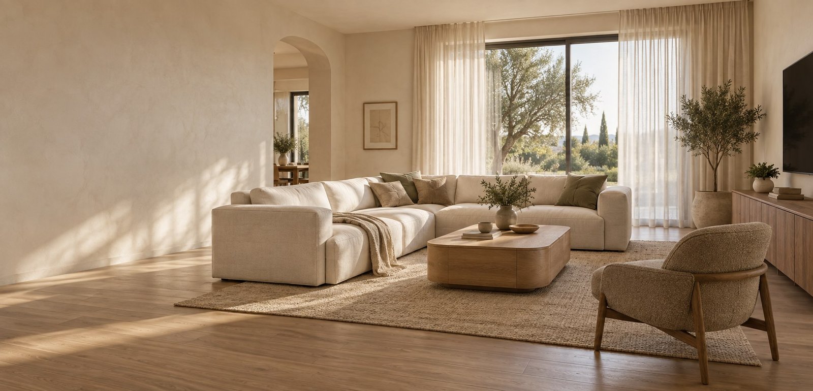 Refined living room with a neutral upholstered sofa, wood coffee table and coordinated storage