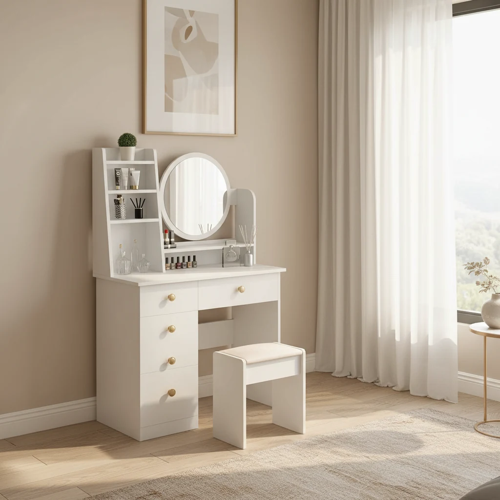 White vanity desk with a round mirror, open shelves, five drawers and a padded stool, in a beige bedroom