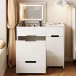 White vanity with the lid up and the seat pulled out, showing the seat's drawer front