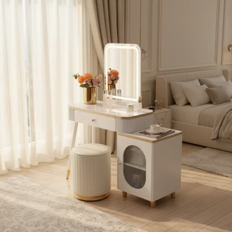 White vanity with a lit rounded-rectangle mirror, a wide drawer, an oval-window side cabinet and a fluted stool, in a bedroom