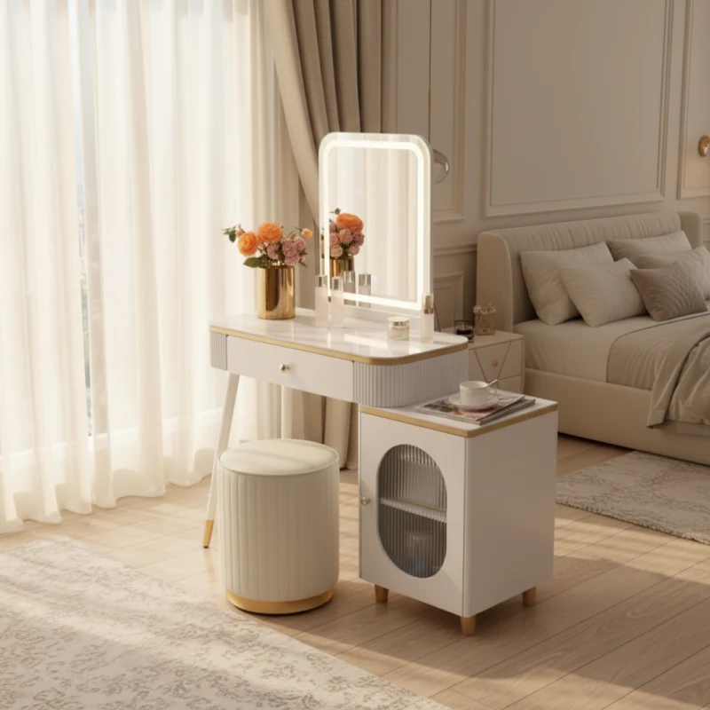 White vanity with a lit rounded-rectangle mirror, a wide drawer, an oval-window side cabinet and a fluted stool, in a bedroom