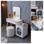 White vanity, side cabinet and stool against a gray stone-look wall, with two inset close-ups