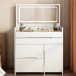 Cream-white vanity cabinet with the flip-up LED mirror raised, a wide drawer, a lower drawer and a side door