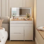 Cream-white vanity cabinet from the front with the mirror raised, in a room with wall panels