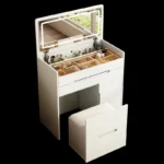 Cream-white vanity with the mirror raised and the seat pulled out, on a black background