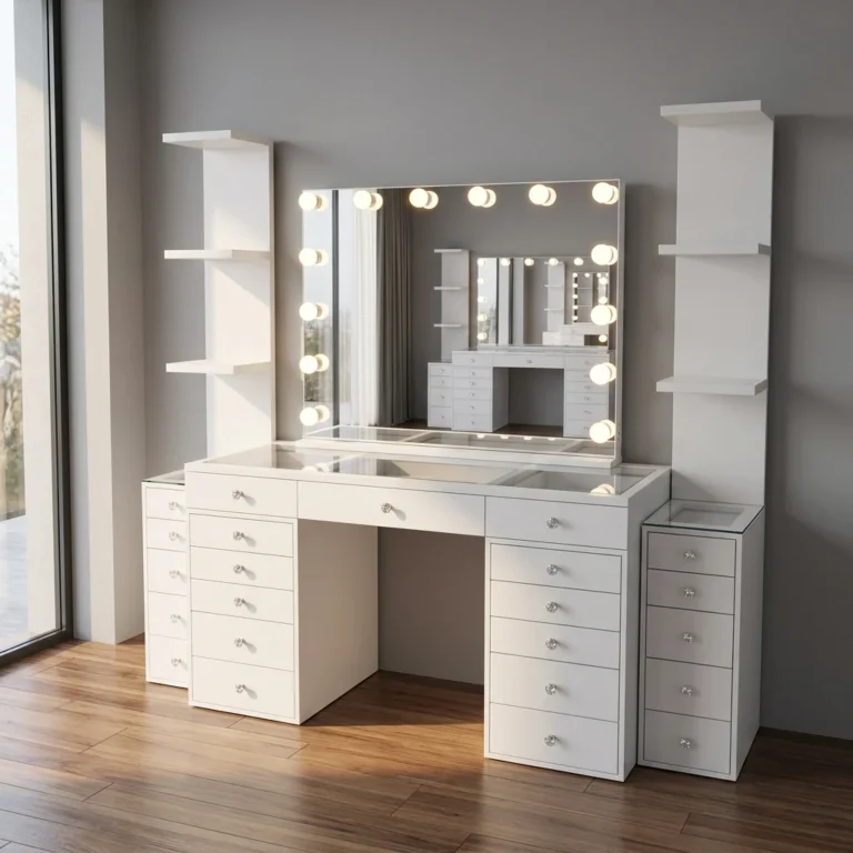 White Hollywood vanity with a bulb-lit mirror, drawer banks on both sides and two open-shelf towers, in a room with a window