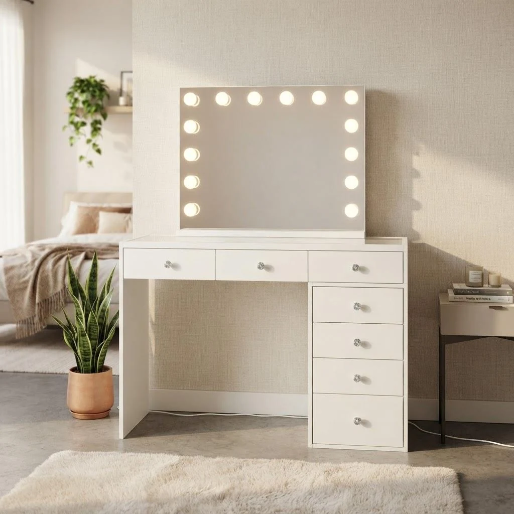 White vanity desk with a bulb-lit mirror, three drawers across the top and four drawers at the right, beside a plant