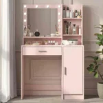 Pink version of the vanity with a bulb mirror, open shelves, a drawer and a door cabinet