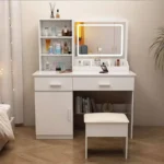 White vanity with an LED mirror, open shelves, two drawers, a door cabinet and a padded stool