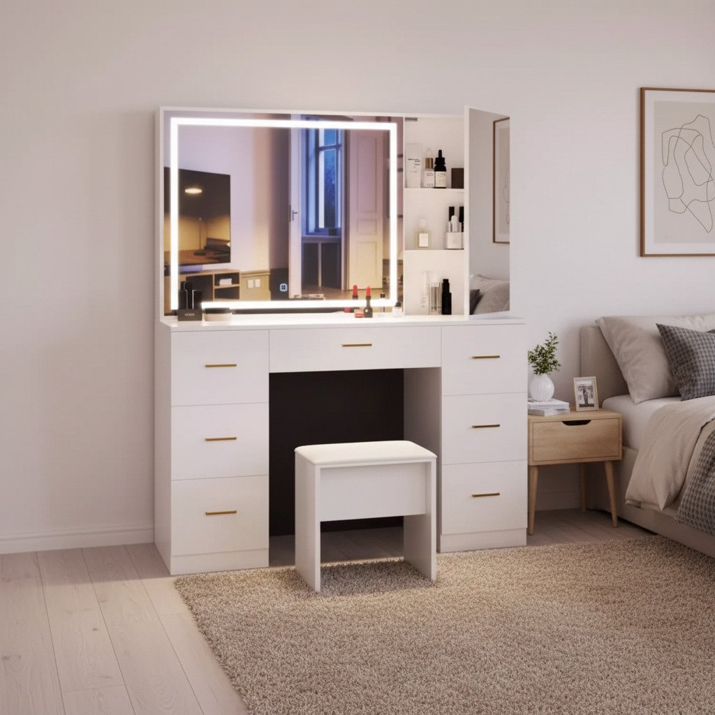 White vanity with a lit LED mirror, a hinged side mirror door, seven drawers and a padded stool, beside a bed