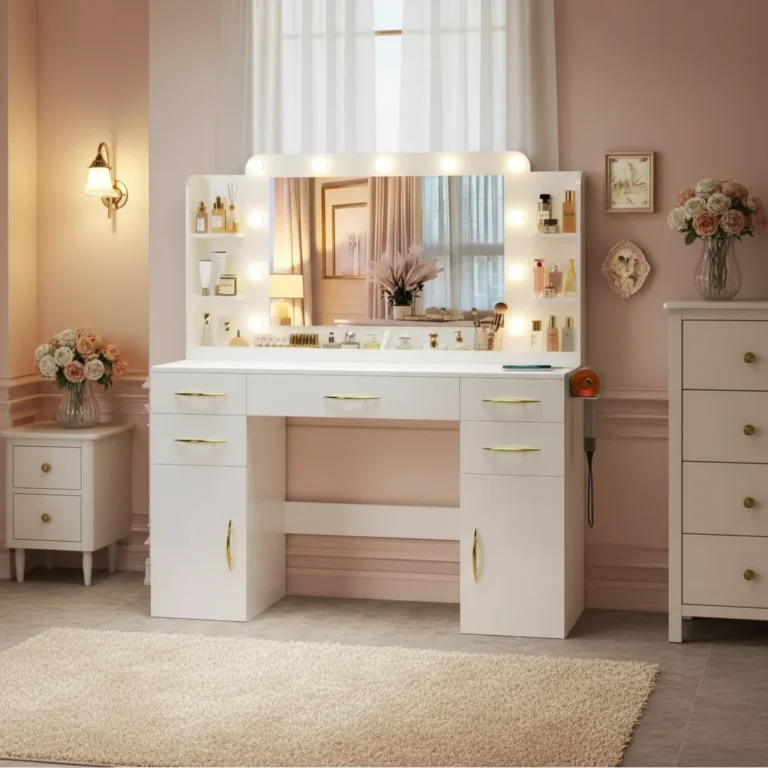 Wide white vanity with a bulb-lit mirror, open shelves, drawers, two door cabinets and a hairdryer holder, in a pink room