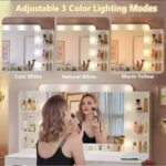 Three lighting modes shown side by side: cold white, natural white and warm yellow, with a woman applying makeup