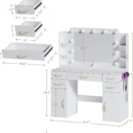 Dimension drawing of a white vanity: 45.5 in wide, 15.7 in deep, with drawer sizes