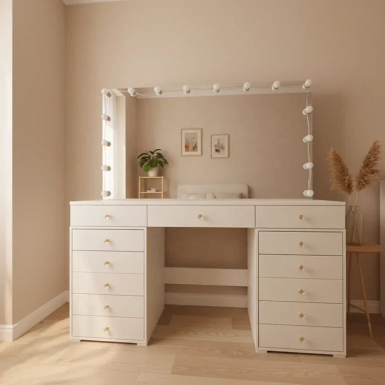 Cream-white wide vanity with a bulb-lit mirror, three front drawers and a drawer bank on each side, in a peach room