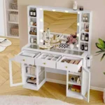 White vanity with the three drawers and both cabinet doors open, showing towels, shelves and a divided drawer insert