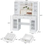 Dimension drawing: 43.31 in wide, 15.75 in deep, 55.79 in high, desktop height 29.72 in, drawer sizes