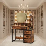 Rustic wood-look vanity with a bulb mirror in a walk-in closet with shelves and a chandelier