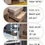 Four photo callouts: glass table top, drawer rails, touch switch with 2 USB ports, and 15 dimmable LED bulbs