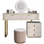 Cream-white fluted vanity with a round LED mirror, two drawers, a three-drawer cabinet and a pink stool, on white